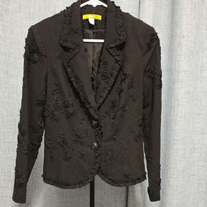Acorn Black Textured Floral Appliqued Women's Blazer With Flower Buttons Sz 4